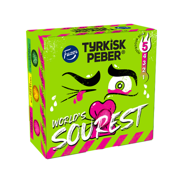 Green box of Tyrkisk Peber with colorful design and text on a white background