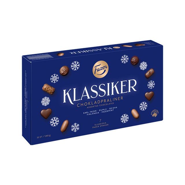 Box of Fazer Klassiker chocolates on a white background