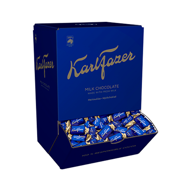 Karl Fazer milk chocolate box with blue wrappers on a white background