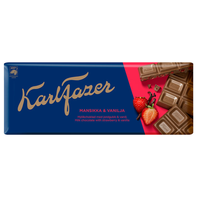 Karl Fazer Strawberry and vanilla in milkchocolate 190 g - Fazer Store EN